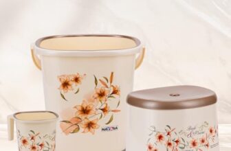 Nayasa Plastic Sqr DLX 3 Pcs Bathroom Set | Bucket 18 L + Mug 1.5 L + 508 DLX Stool | Bathroom Set | Bath Set for Bathroom | Off – White
