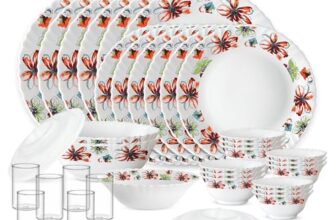 Larah By Borosil Silk Series Bali Opalware Dinner Set With Vision Glass | 35 Pcs For Family Of 6 | Microwave & Dishwasher Safe | Plates & Bowls | Crockery For Dining & Gifting | Floral Pattern