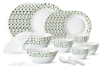 Larah By Borosil Sage Silk Series Opalware Dinner Set Of Plates, Veg Bowls, Soup Bowl, Spoons, Serving Bowl With Lid | Bone-Ash Free Crockery Set For Dining (White, 35 Pieces)