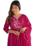 Skylee Women’S Silk Embroidery And Lace Straight Kurta With Pant & Dupatta (235Kbd2482C-L_Rani Pink)