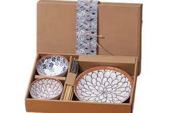 Yanci® Ceramic Japanese Style Rice Bowls With Gift Box Set, Microwave & Dishwasher Safe, Bpa-Lead-Free Dinner Serving Bowls, Plate & Chopstick For Cereal, Soup, Dessert, Snack, Fruit, Salsa, Set Of 5