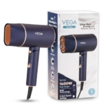 Vega Ionic 1200-1400W Foldable Hair Dryer For Men And Women, Quick & Fast Drying With Ionic Technology & 2 Heat/Speed Settings (Low & High), Cool Shot Button, Detachable Nozzle, Blow Dryer (Vhdh-35)