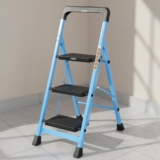 Flipzon Stepiva 3-Step Foldable Steel Ladder With Support Handle & Tool Tray | Knee Guard, Ribbed Anti-Slip Steps, Anti-Skid Rubber Shoes | Heavy-Duty Household Ladder (Sky-Blue & Black)