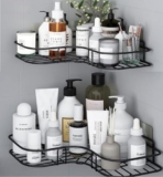 BASEVEL Metal (Pack of 2 Self-Adhesive Shelf/Storage Organizer for Bathroom and Corner Wall Mounted Rack Shelf Bathroom Accessories Storage Rack (No Drilling-Shelf Adhesive) (Black Style 1)