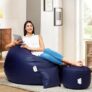 Amazon Brand – Solimo Premium Faux Leather Bean Bag Combo with Footrest & Cushion Combo, Filled with Beans | Capacity: Upto 5.8 Ft Height, 85 Kg Weight | 2XL | Navy Blue